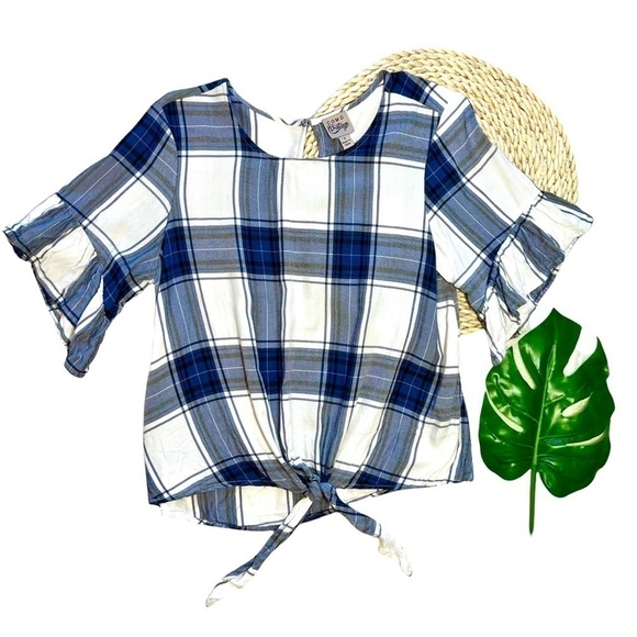 Como Vintage Blue and White Plaid Flutter Ruffle Sleeve Front Tie Top Size Small - Picture 3 of 16